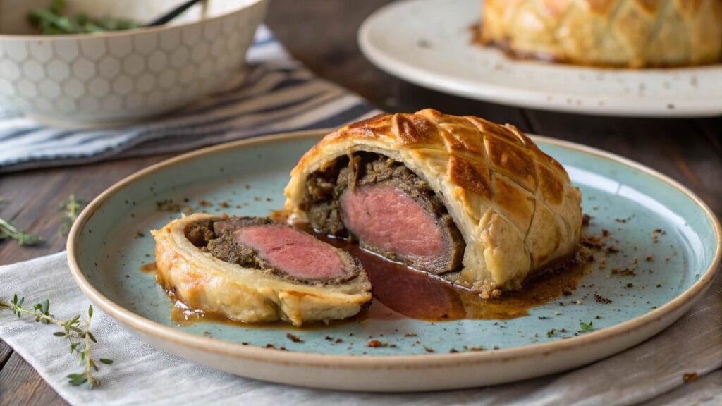 A close-up of a beautifully presented Beef Wellington slice on a white plate, served with green beans, rosemary garnish, and a rich brown sauce. A dish of mashed potatoes and another plate of Beef Wellington are visible in the background.