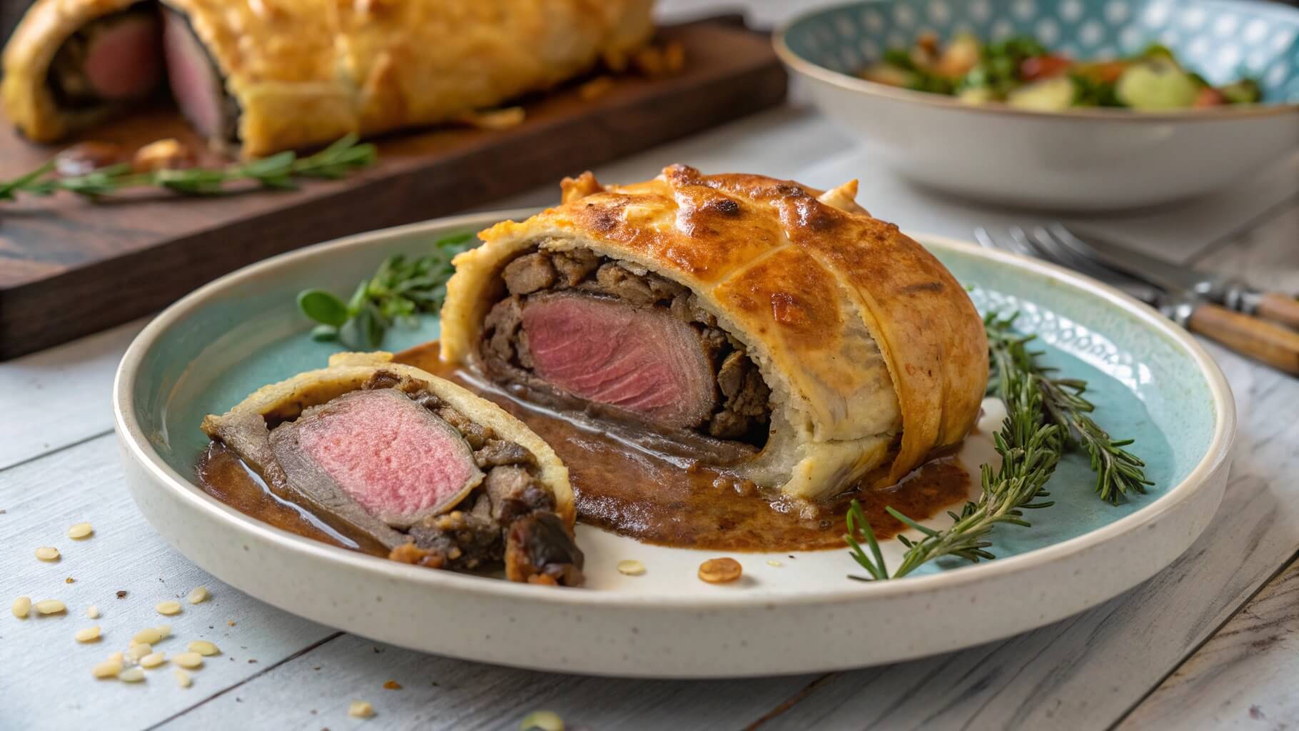 A close-up of a beautifully presented Beef Wellington slice on a white plate, served with green beans, rosemary garnish, and a rich brown sauce. A dish of mashed potatoes and another plate of Beef Wellington are visible in the background.