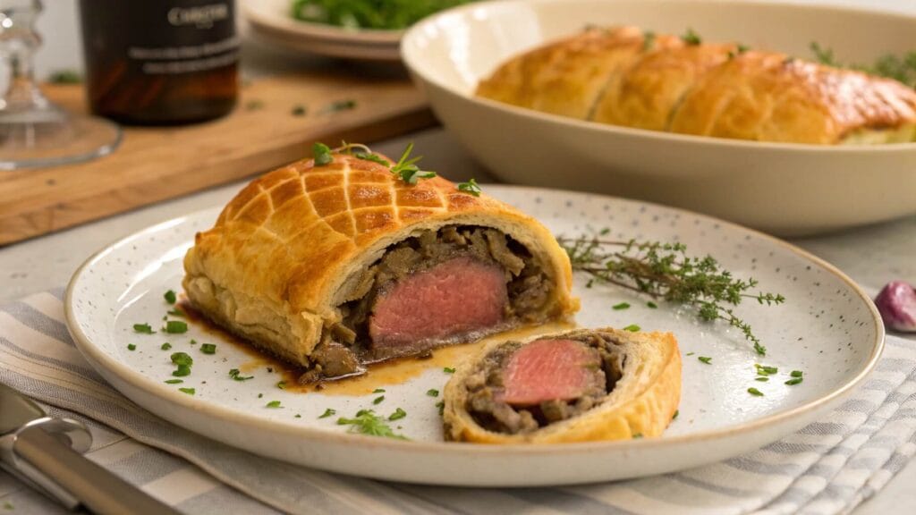 A close-up of a beautifully presented Beef Wellington slice on a white plate, served with green beans, rosemary garnish, and a rich brown sauce. A dish of mashed potatoes and another plate of Beef Wellington are visible in the background.