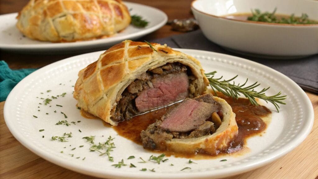 A close-up of a beautifully presented Beef Wellington slice on a white plate, served with green beans, rosemary garnish, and a rich brown sauce. A dish of mashed potatoes and another plate of Beef Wellington are visible in the background.