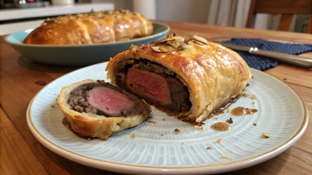 A close-up of a beautifully presented Beef Wellington slice on a white plate, served with green beans, rosemary garnish, and a rich brown sauce. A dish of mashed potatoes and another plate of Beef Wellington are visible in the background.