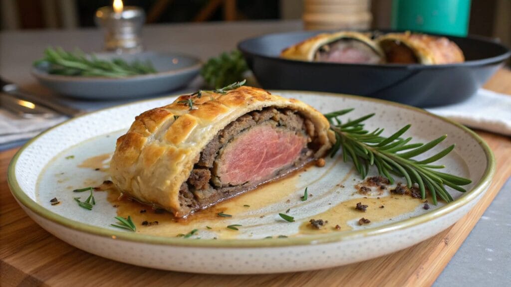 A close-up of a beautifully presented Beef Wellington slice on a white plate, served with green beans, rosemary garnish, and a rich brown sauce. A dish of mashed potatoes and another plate of Beef Wellington are visible in the background.