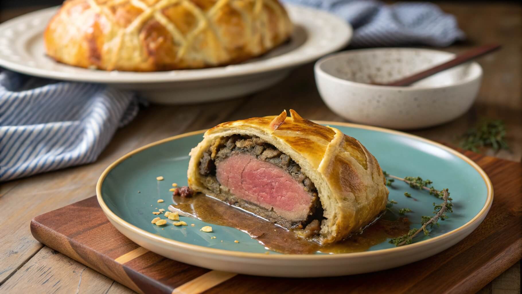 A close-up of a beautifully presented Beef Wellington slice on a white plate, served with green beans, rosemary garnish, and a rich brown sauce. A dish of mashed potatoes and another plate of Beef Wellington are visible in the background.