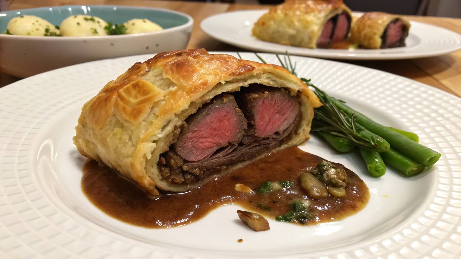 A close-up of a beautifully presented Beef Wellington slice on a white plate, served with green beans, rosemary garnish, and a rich brown sauce. A dish of mashed potatoes and another plate of Beef Wellington are visible in the background.