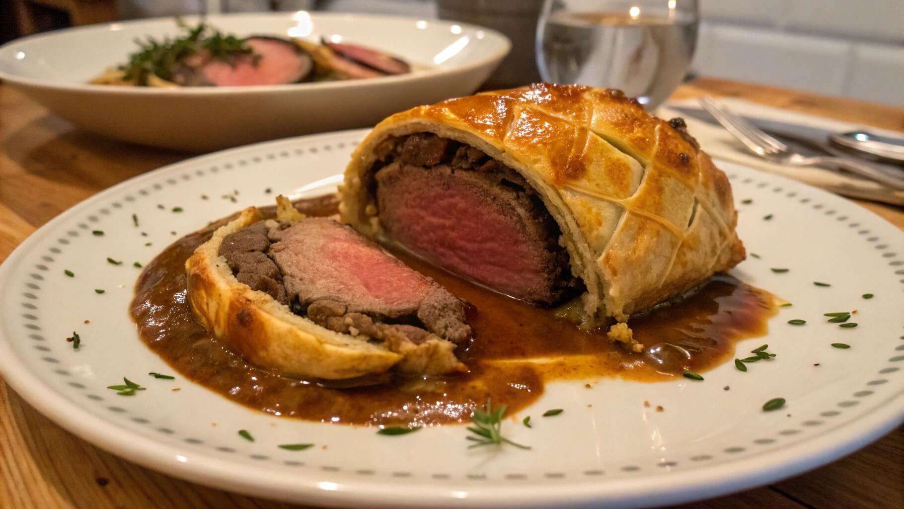 A close-up of a beautifully presented Beef Wellington slice on a white plate, served with green beans, rosemary garnish, and a rich brown sauce. A dish of mashed potatoes and another plate of Beef Wellington are visible in the background.