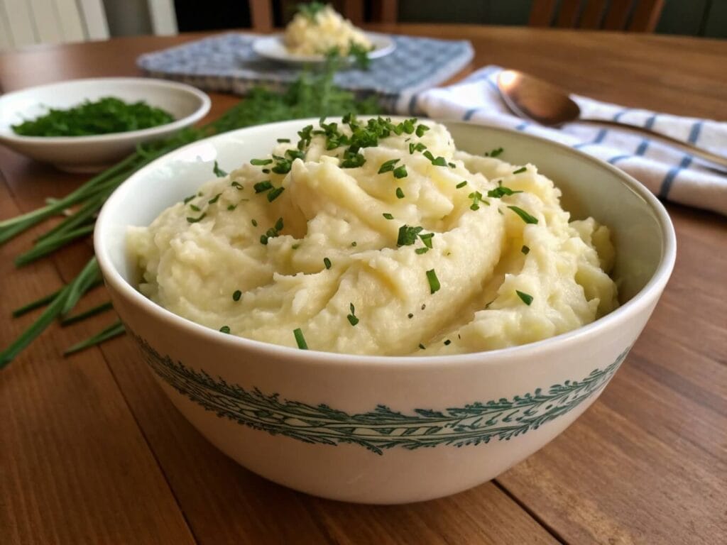 A bowl of creamy mashed potatoes garnished with chopped fresh chives, placed on a wooden table with additional herbs and a spoon in the background.