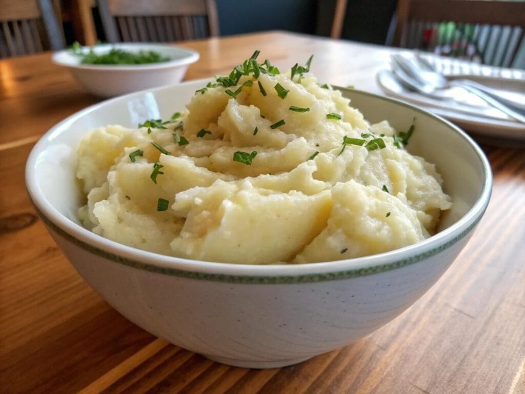 A bowl of creamy mashed potatoes garnished with chopped fresh chives, placed on a wooden table with additional herbs and a spoon in the background.