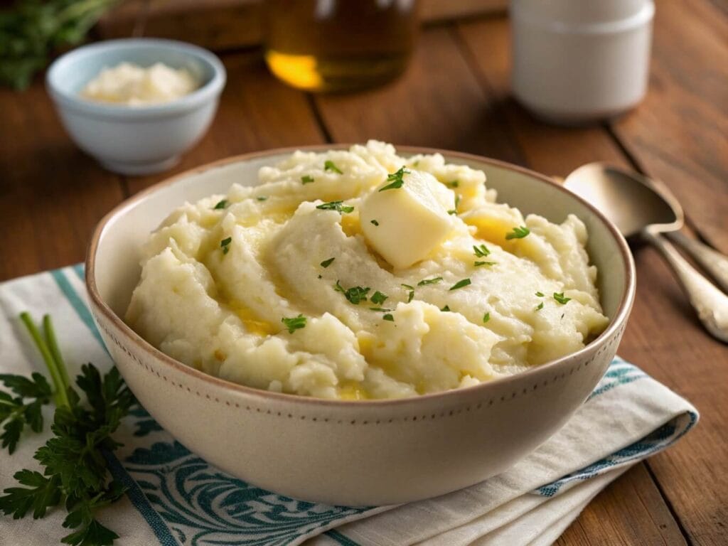 A bowl of creamy mashed potatoes topped with a pat of melting butter and garnished with fresh parsley, placed on a wooden table with a patterned napkin and utensils nearby.