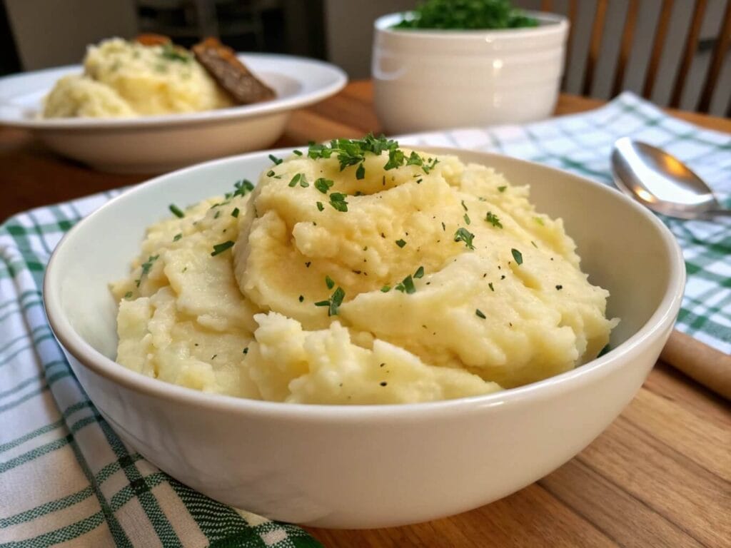 A bowl of mashed potatoes garnished with chopped parsley, placed on a green and white checkered cloth on a wooden table, with additional dishes and a spoon in the background.