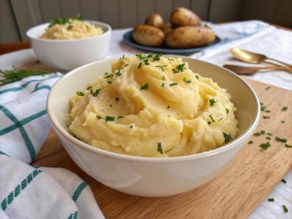 A bowl of mashed potatoes garnished with chopped parsley, placed on a green and white checkered cloth on a wooden table, with additional dishes and a spoon in the background.