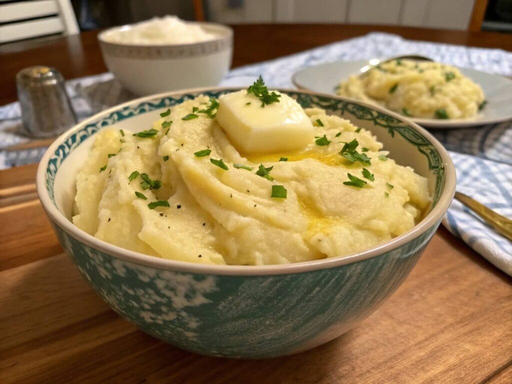 A bowl of creamy mashed potatoes topped with melted butter and garnished with chopped parsley, with additional servings in the background on a wooden table.