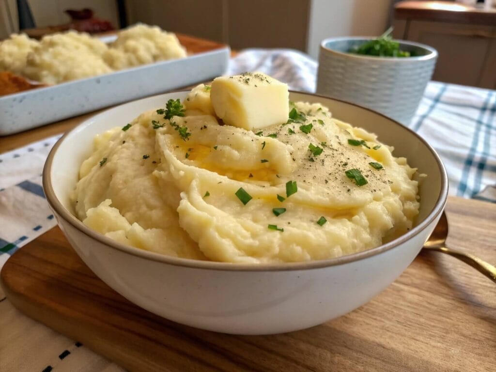 A bowl of creamy mashed potatoes topped with melted butter and garnished with chopped parsley, with additional servings in the background on a wooden table.