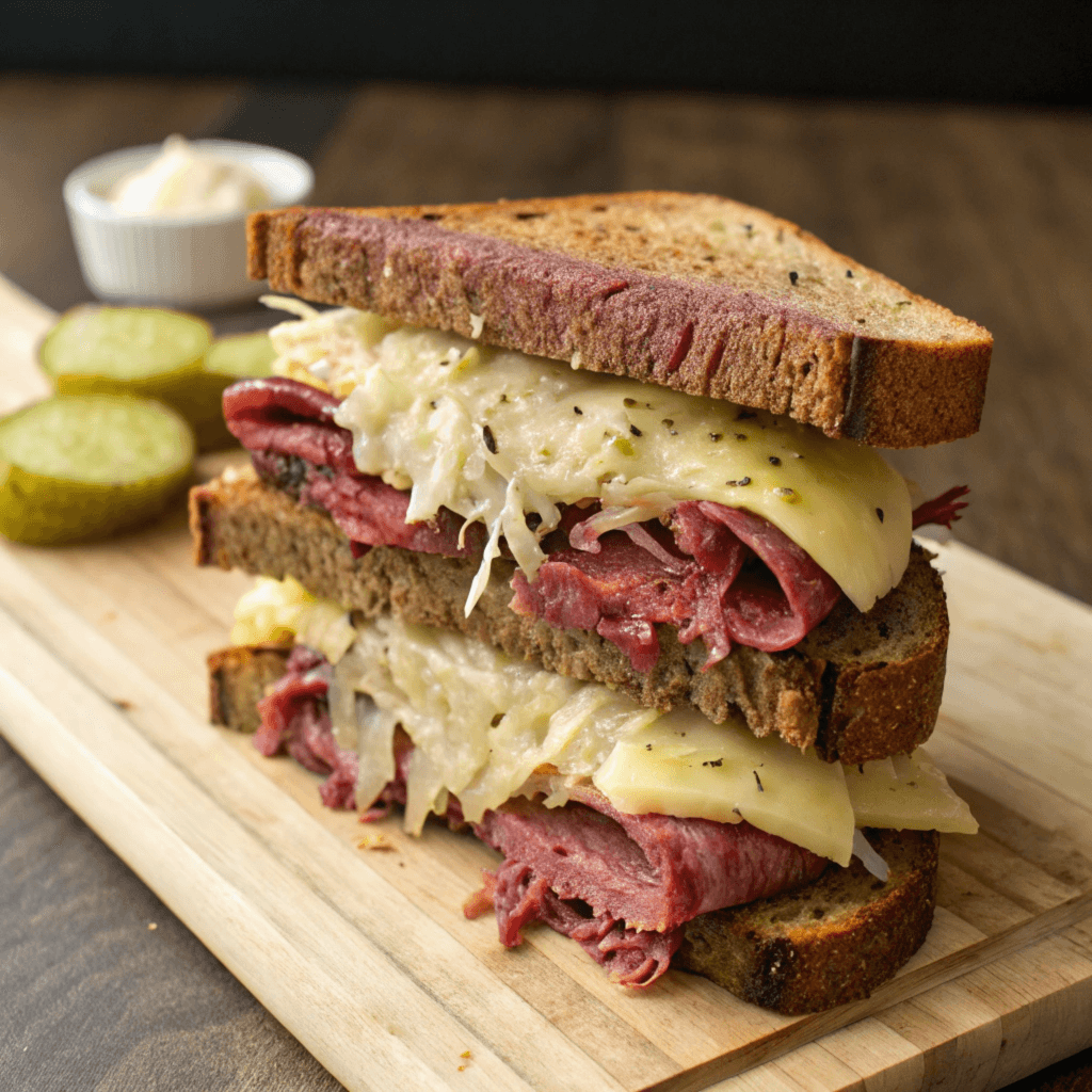 A Reuben sandwich with corned beef, melted Swiss cheese, sauerkraut, and rye bread, served on a wooden cutting board with sliced pickles and a small bowl of sauce.