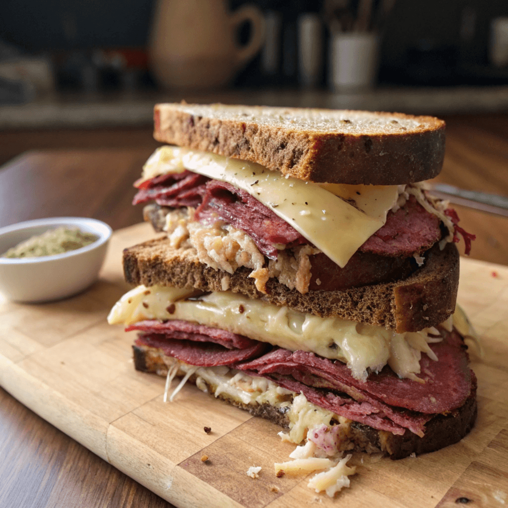  A Reuben sandwich with corned beef, melted Swiss cheese, sauerkraut, and rye bread, served on a wooden cutting board with sliced pickles and a small bowl of sauce.