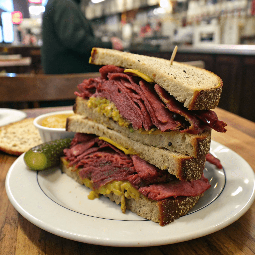 A stacked pastrami sandwich on rye bread with mustard, served with a pickle on the side and a bowl of soup in the background.