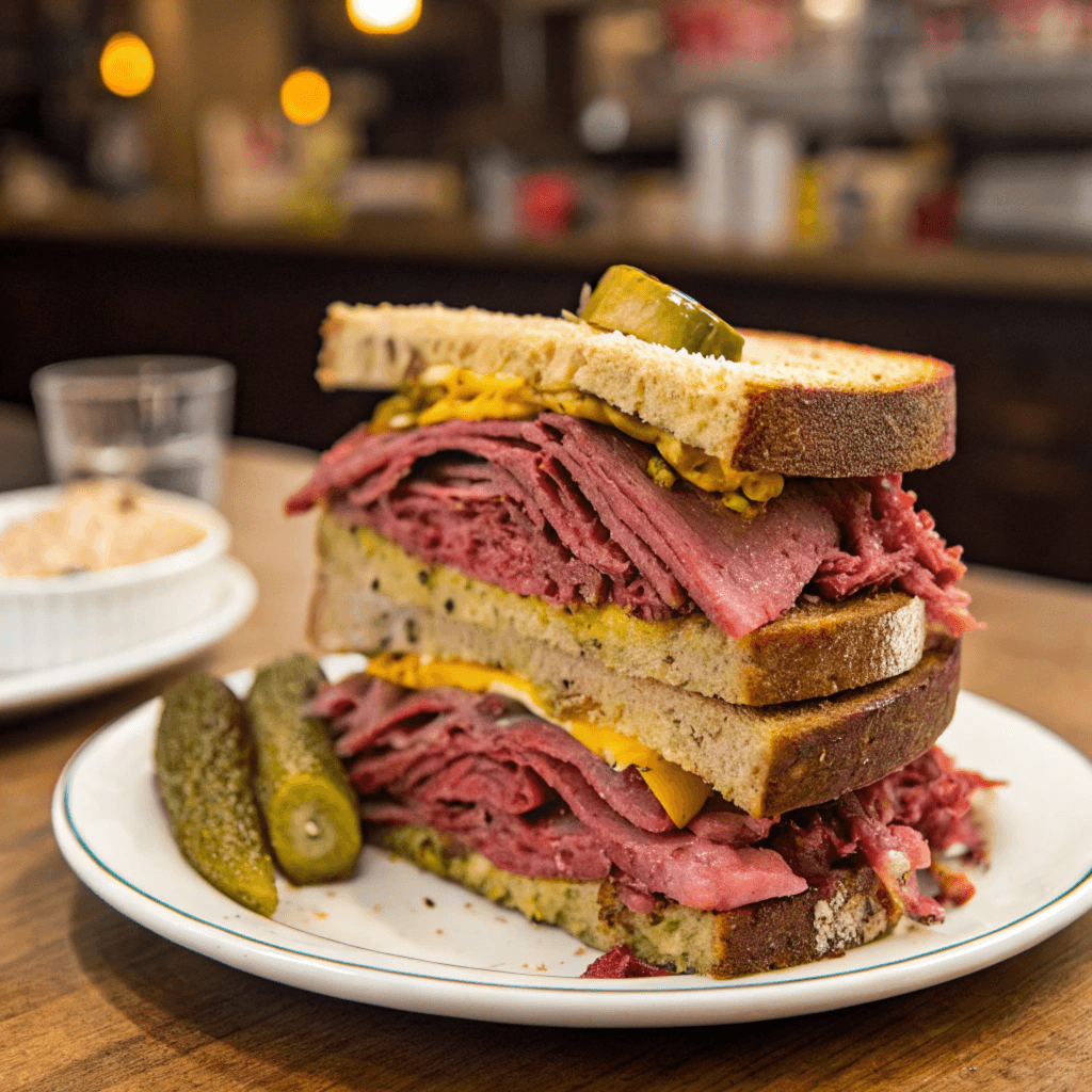 A stacked pastrami sandwich on rye bread with mustard, served with a pickle on the side and a bowl of soup in the background.