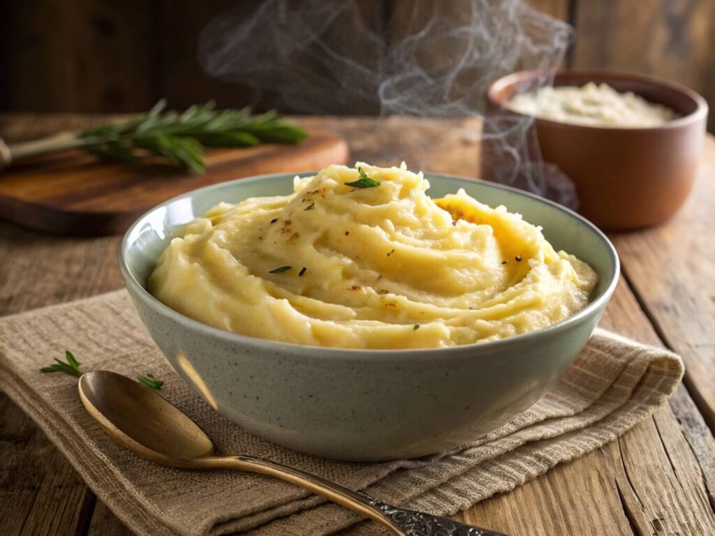 A bowl of creamy mashed potatoes topped with melted butter and garnished with chopped parsley, with additional servings in the background on a wooden table