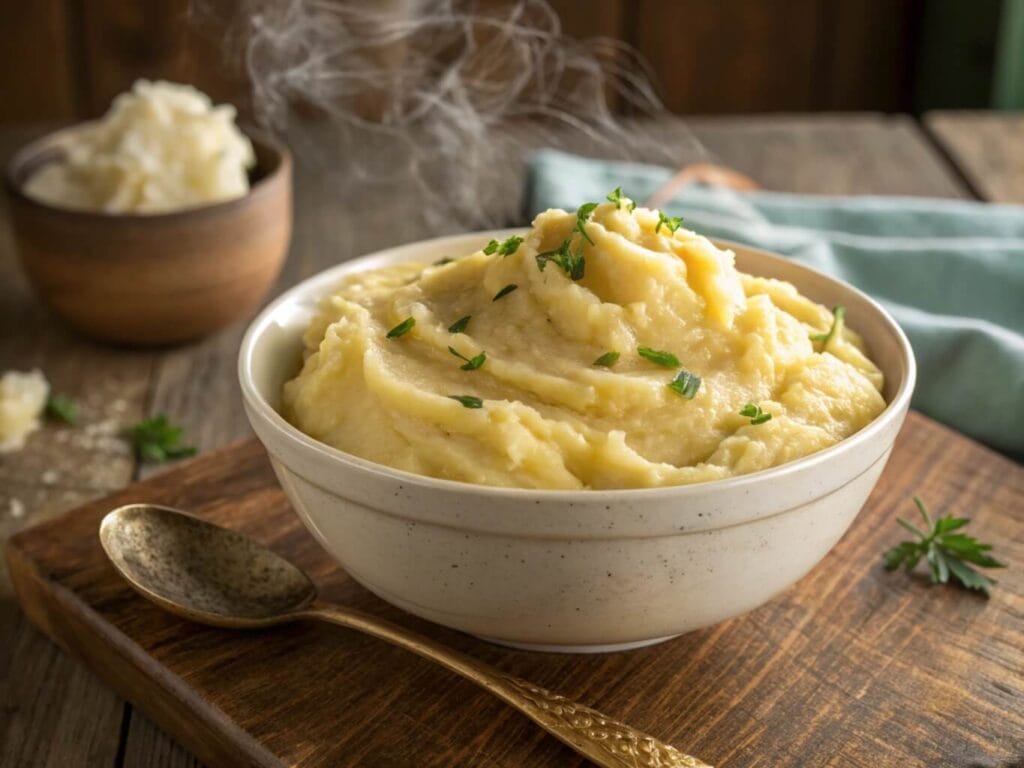 A bowl of creamy mashed potatoes topped with melted butter and garnished with chopped parsley, with additional servings in the background on a wooden table