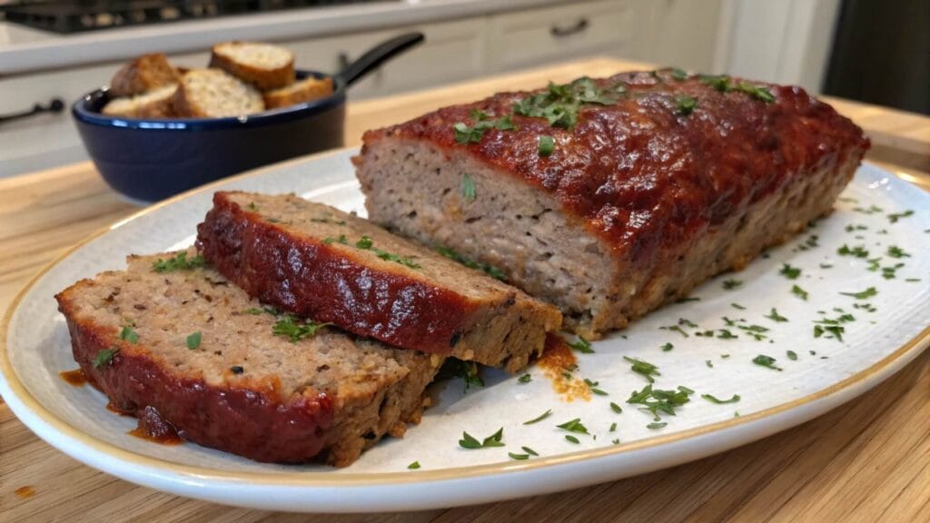 A close-up of a sliced meatloaf topped with a glossy red glaze and garnished with fresh parsley, served on a white plate. In the background, a blue dish with additional slices is visible on a wooden table.