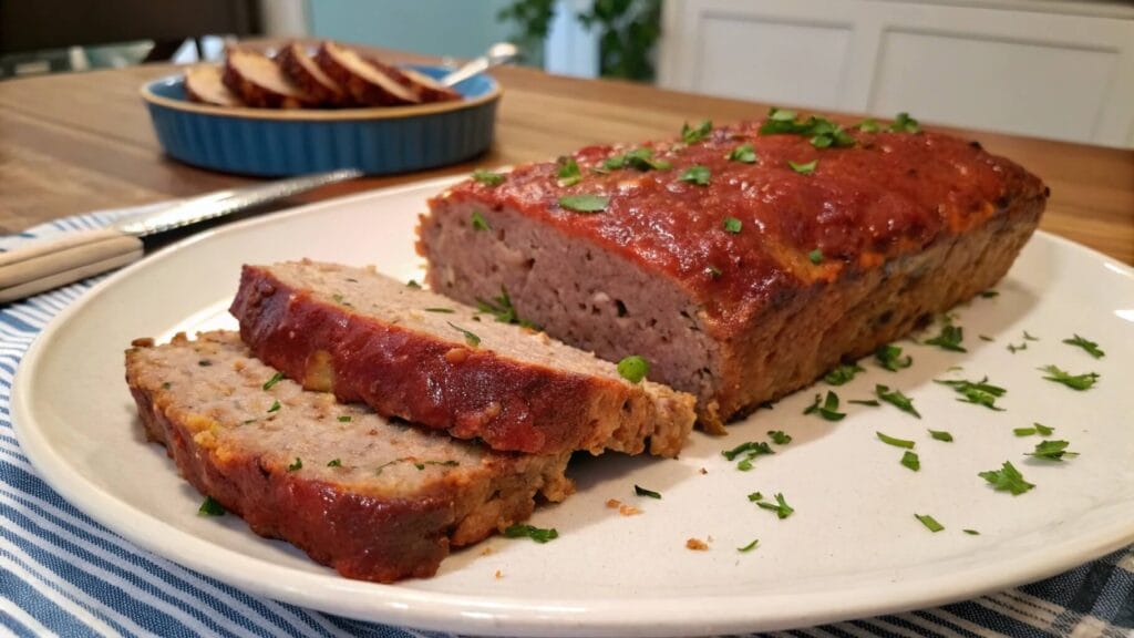 A close-up of a sliced meatloaf topped with a glossy red glaze and garnished with fresh parsley, served on a white plate. In the background, a blue dish with additional slices is visible on a wooden table.