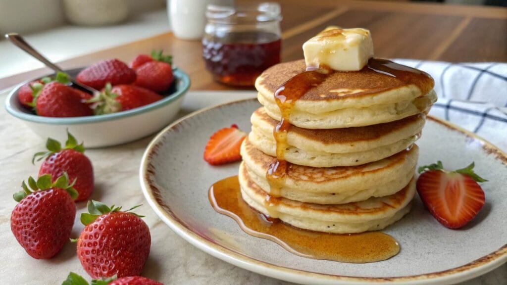 A stack of fluffy golden pancakes topped with butter and drizzled with maple syrup on a decorative plate, with a small bowl of blueberries in the background.