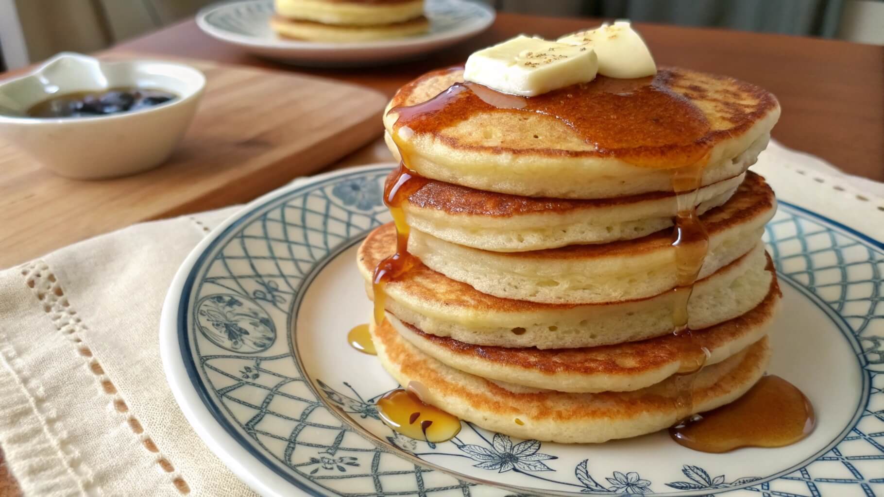 A stack of fluffy golden pancakes topped with butter and drizzled with maple syrup on a decorative plate, with a small bowl of blueberries in the background.