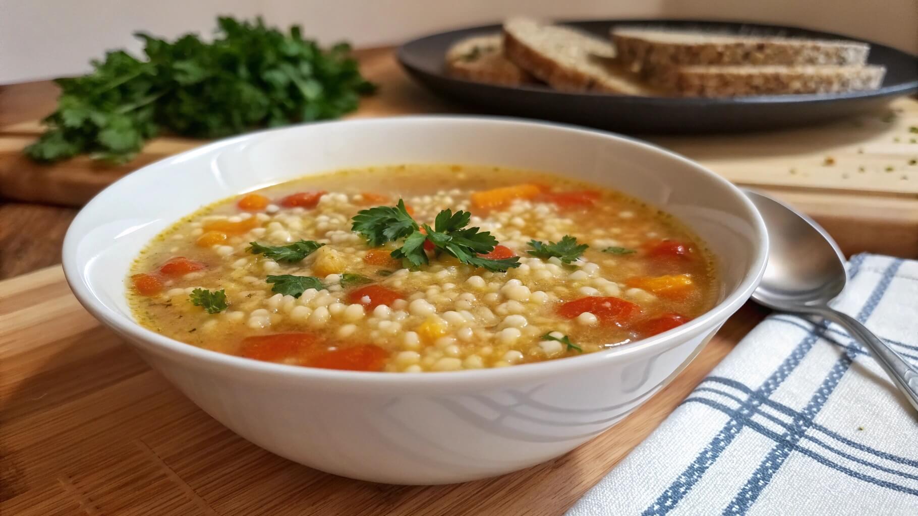 A bowl of hearty vegetable soup with small pasta pieces, garnished with fresh parsley. The soup is accompanied by slices of rustic bread and a roll on a wooden table, with a spoon resting on a cloth napkin.