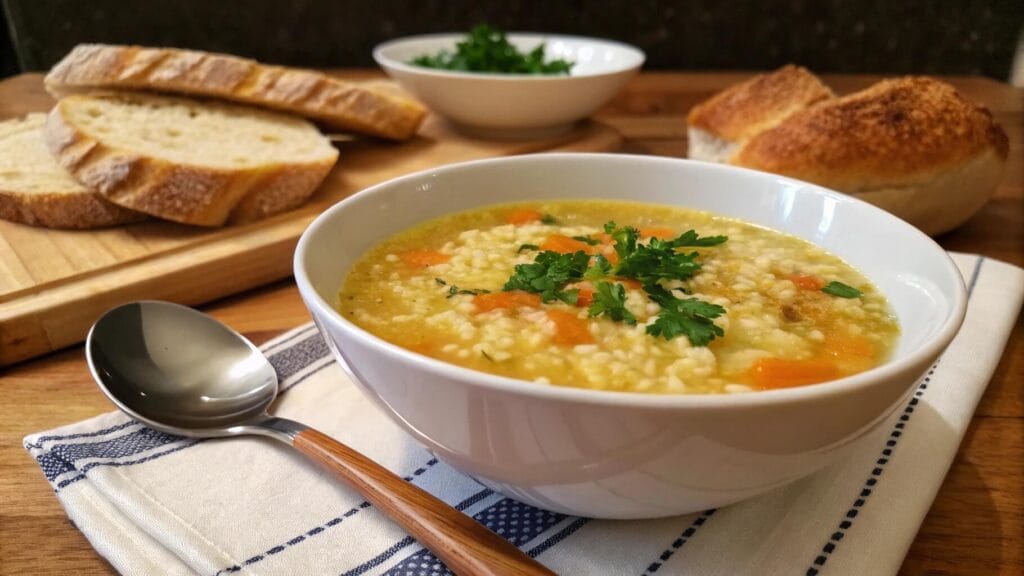 A bowl of hearty vegetable soup with small pasta pieces, garnished with fresh parsley. The soup is accompanied by slices of rustic bread and a roll on a wooden table, with a spoon resting on a cloth napkin.