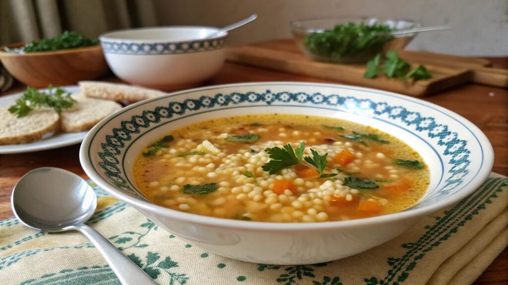 A bowl of hearty vegetable soup with small pasta pieces, garnished with fresh parsley. The soup is accompanied by slices of rustic bread and a roll on a wooden table, with a spoon resting on a cloth napkin.