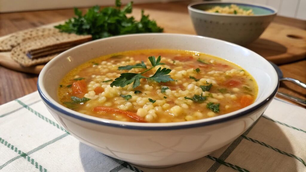 A bowl of hearty vegetable soup with small pasta pieces, garnished with fresh parsley. The soup is accompanied by slices of rustic bread and a roll on a wooden table, with a spoon resting on a cloth napkin.