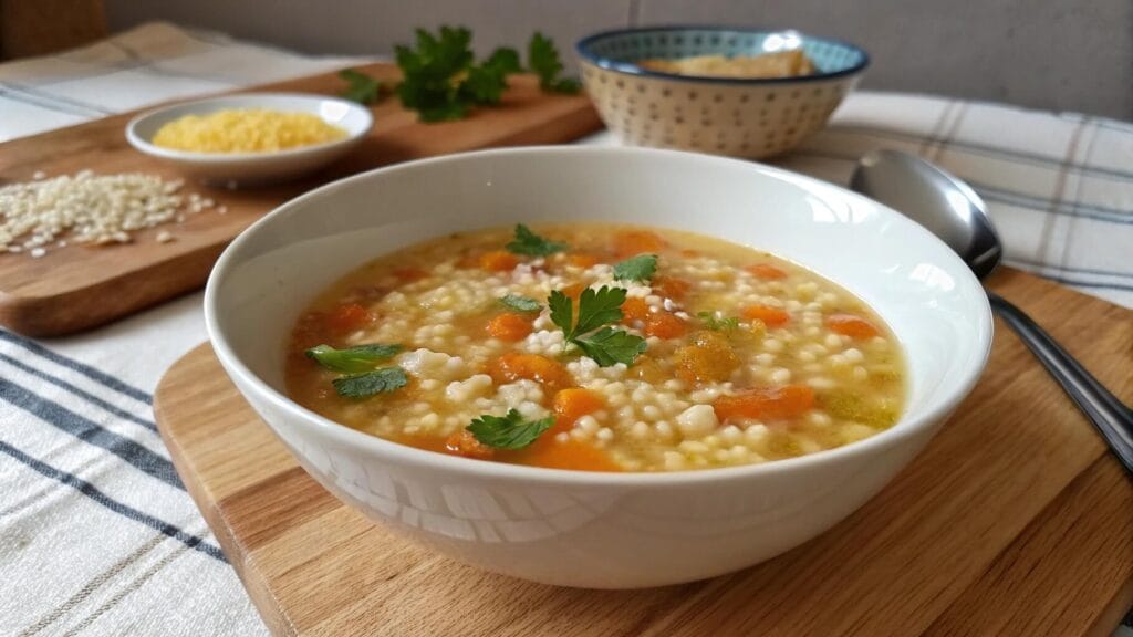 A bowl of hearty vegetable soup with small pasta pieces, garnished with fresh parsley. The soup is accompanied by slices of rustic bread and a roll on a wooden table, with a spoon resting on a cloth napkin.