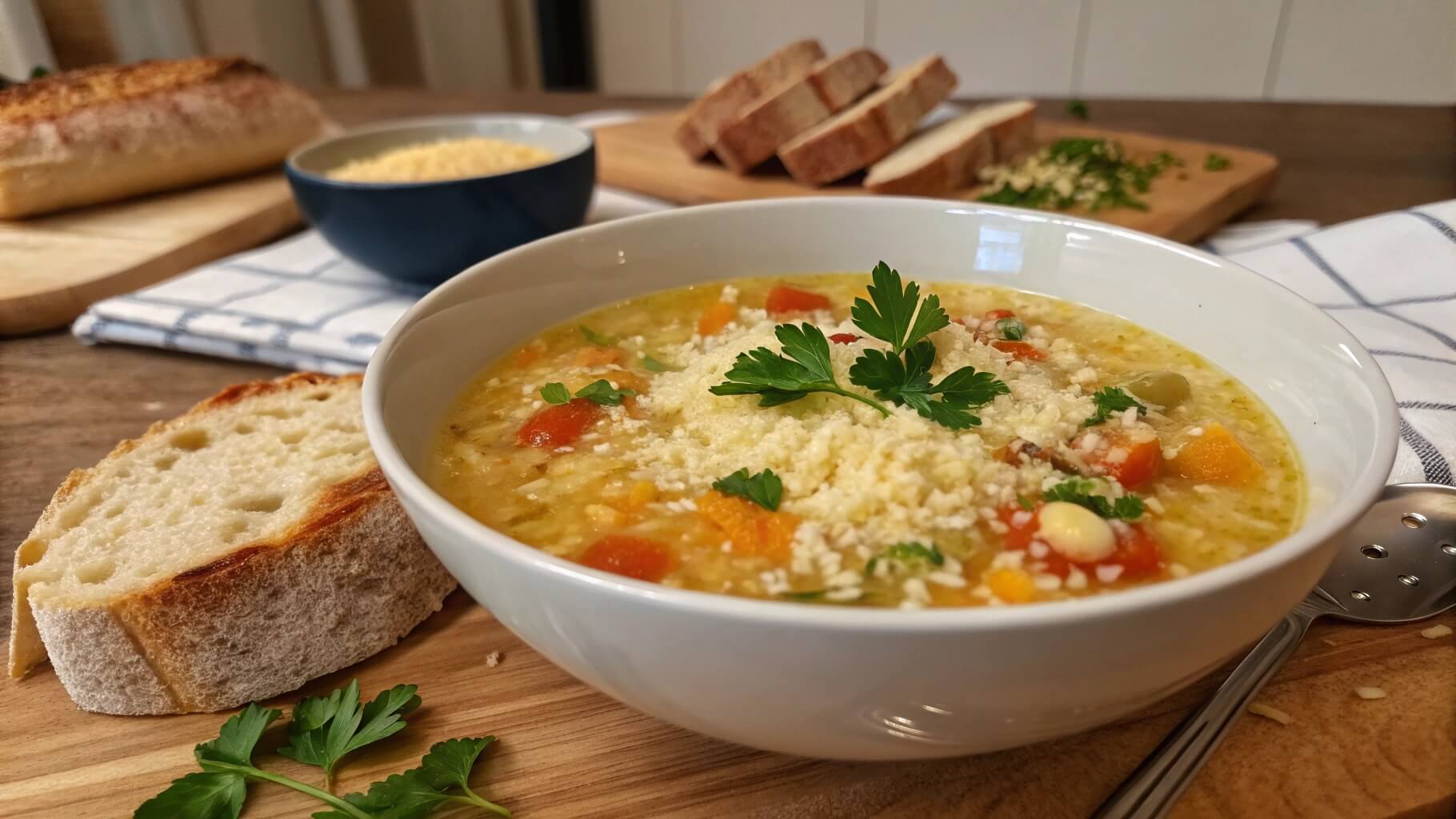 A bowl of hearty vegetable soup with small pasta pieces, garnished with fresh parsley. The soup is accompanied by slices of rustic bread and a roll on a wooden table, with a spoon resting on a cloth napkin.