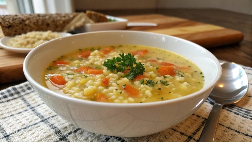 A bowl of hearty vegetable soup with small pasta pieces, garnished with fresh parsley. The soup is accompanied by slices of rustic bread and a roll on a wooden table, with a spoon resting on a cloth napkin.