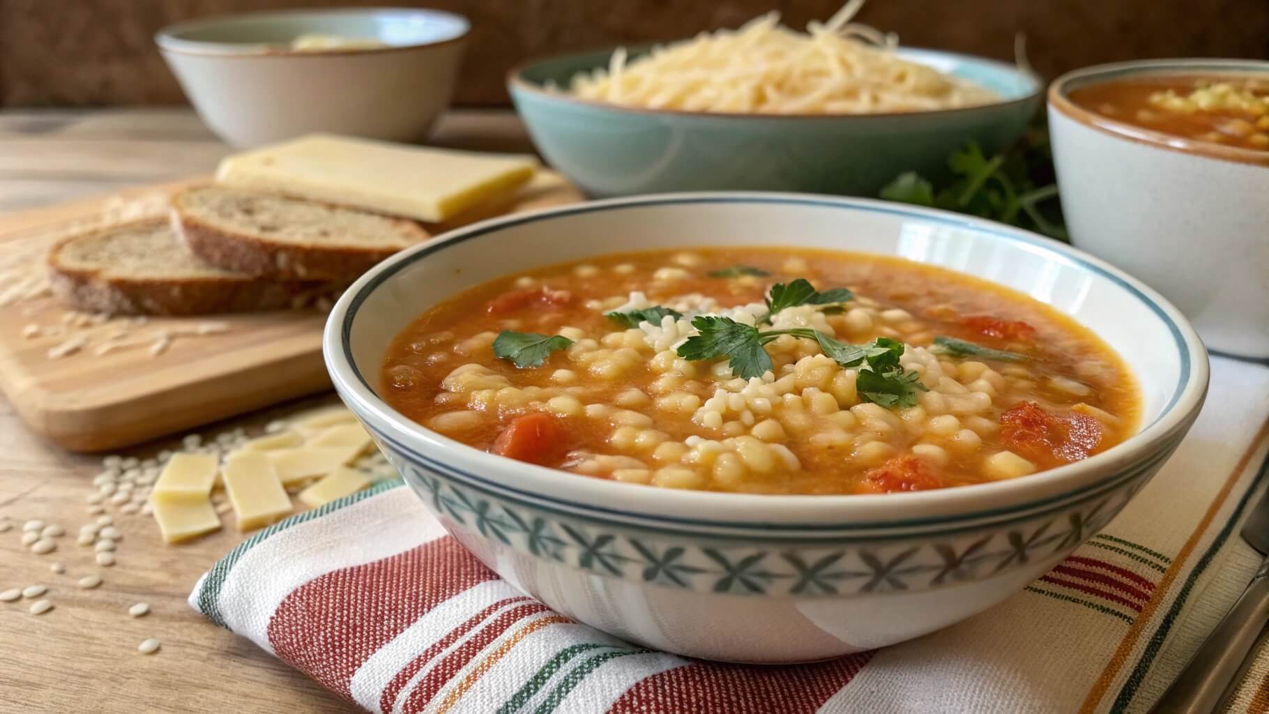 A bowl of hearty vegetable soup with small pasta pieces, garnished with fresh parsley. The soup is accompanied by slices of rustic bread and a roll on a wooden table, with a spoon resting on a cloth napkin.