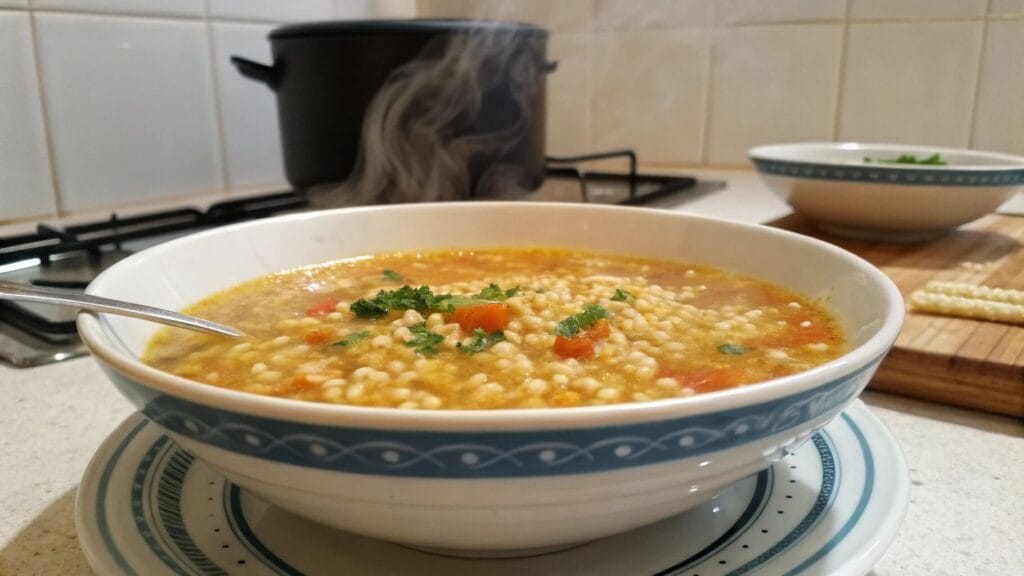 A bowl of hearty vegetable soup with small pasta pieces, garnished with fresh parsley. The soup is accompanied by slices of rustic bread and a roll on a wooden table, with a spoon resting on a cloth napkin.