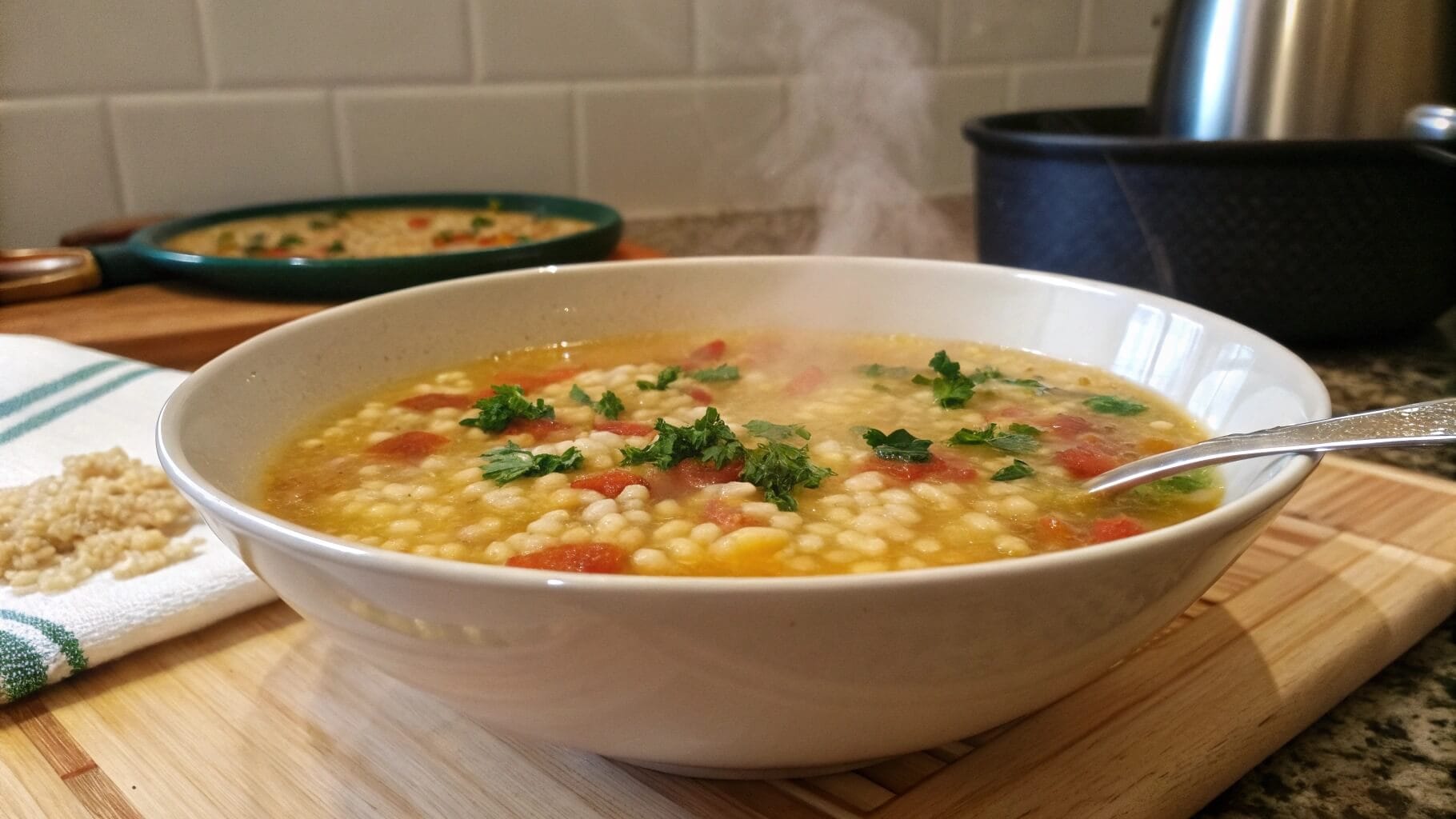 A bowl of hearty vegetable soup with small pasta pieces, garnished with fresh parsley. The soup is accompanied by slices of rustic bread and a roll on a wooden table, with a spoon resting on a cloth napkin.