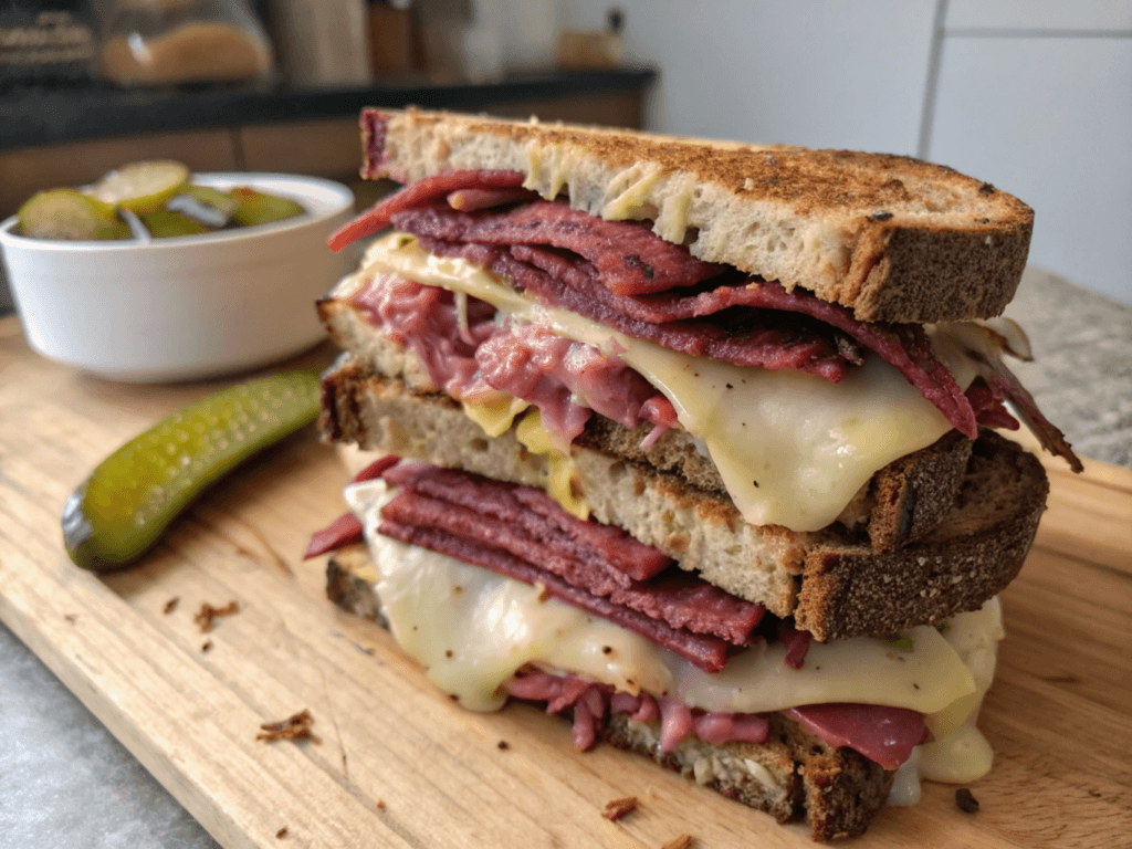 A stacked sandwich featuring layers of melted cheese, sliced pickles, and generous portions of pastrami on hearty rye bread, served on a wooden cutting board. A bowl of additional sliced meat and pickles is visible in the background.