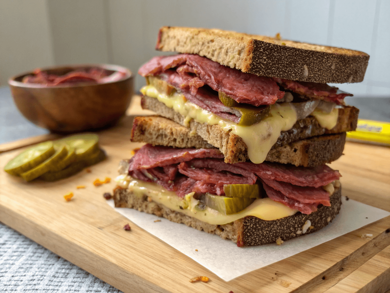 A stacked sandwich featuring layers of melted cheese, sliced pickles, and generous portions of pastrami on hearty rye bread, served on a wooden cutting board. A bowl of additional sliced meat and pickles is visible in the background.