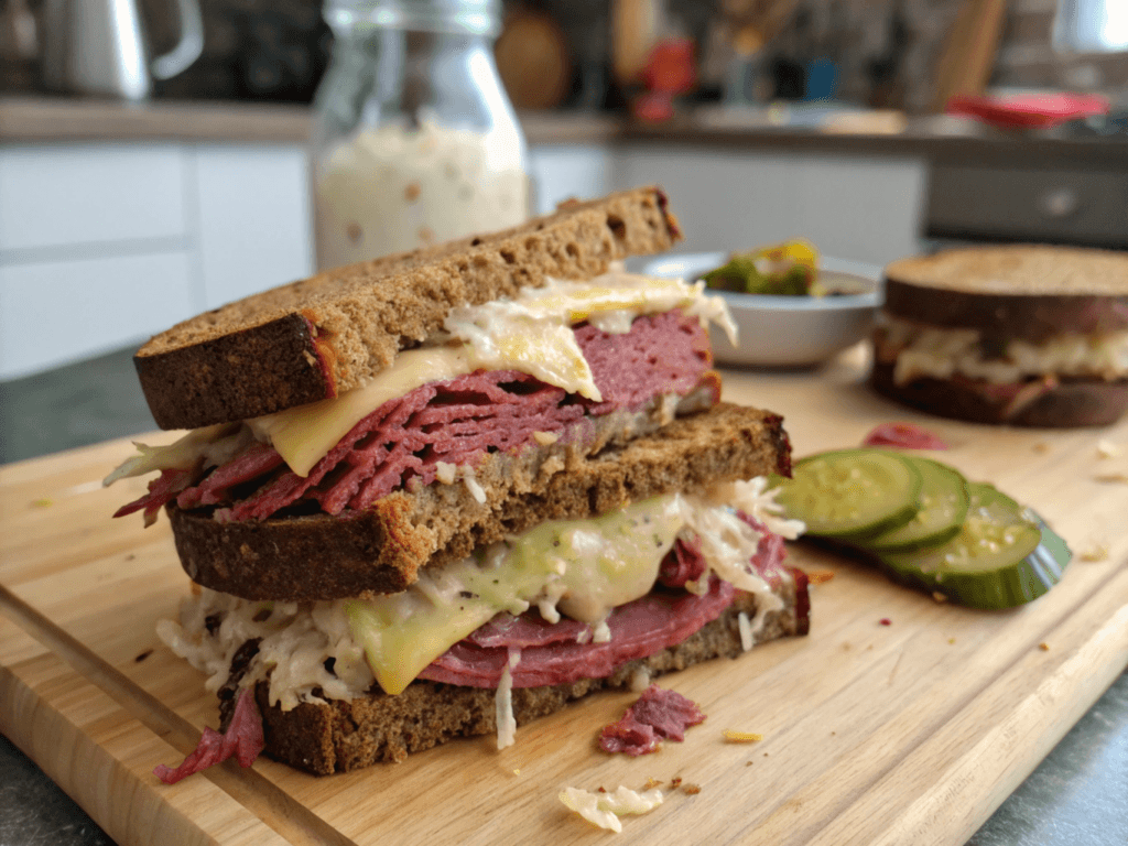 A classic Reuben sandwich made with layers of corned beef, melted Swiss cheese, sauerkraut, and rye bread, served on a wooden cutting board with a bowl of mustard and a pickle in the background.