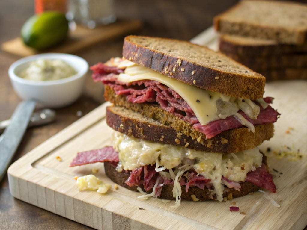 A classic Reuben sandwich made with layers of corned beef, melted Swiss cheese, sauerkraut, and rye bread, served on a wooden cutting board with a bowl of mustard and a pickle in the background.