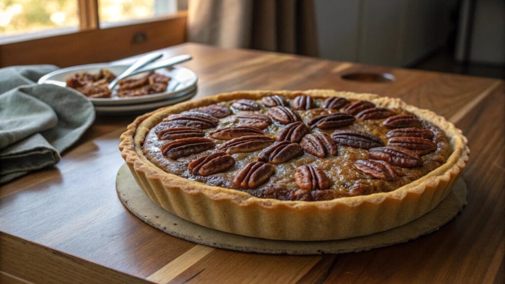 A freshly baked pecan pie with a golden crust, topped with whole pecan halves, sitting on a wooden table. A plate of candied pecans and utensils on a checkered napkin are visible in the background.