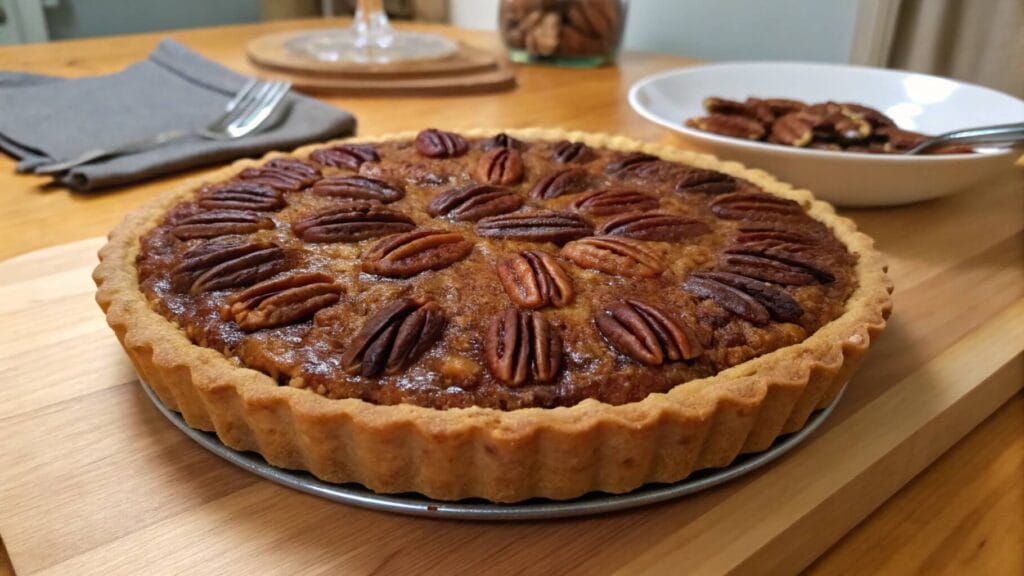 A freshly baked pecan pie with a golden crust, topped with whole pecan halves, sitting on a wooden table. A plate of candied pecans and utensils on a checkered napkin are visible in the background.