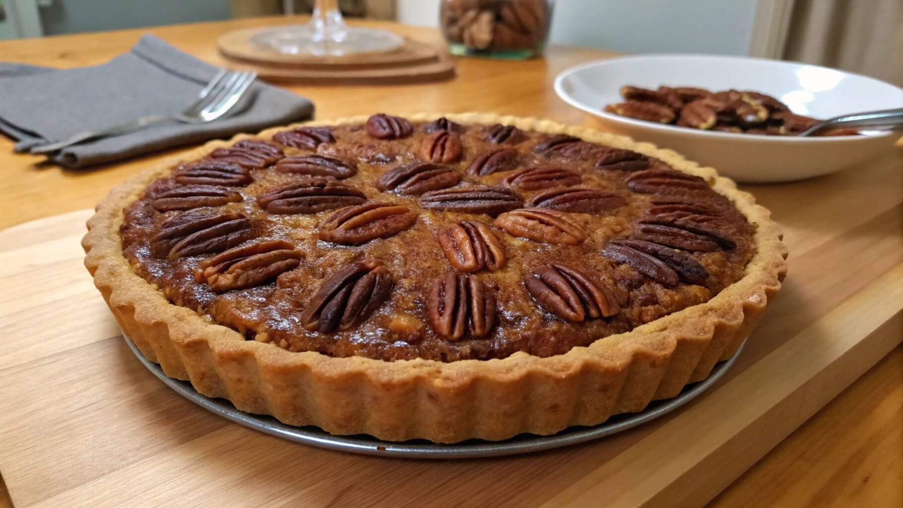 A freshly baked pecan pie with a golden crust, topped with whole pecan halves, sitting on a wooden table. A plate of candied pecans and utensils on a checkered napkin are visible in the background.