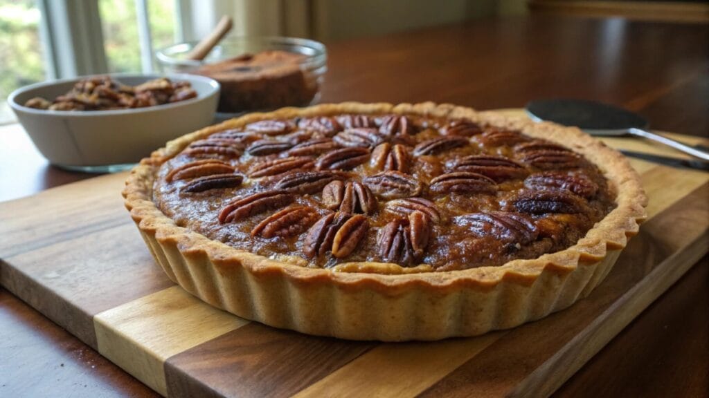 A freshly baked pecan pie with a golden crust, topped with whole pecan halves, sitting on a wooden table. A plate of candied pecans and utensils on a checkered napkin are visible in the background.