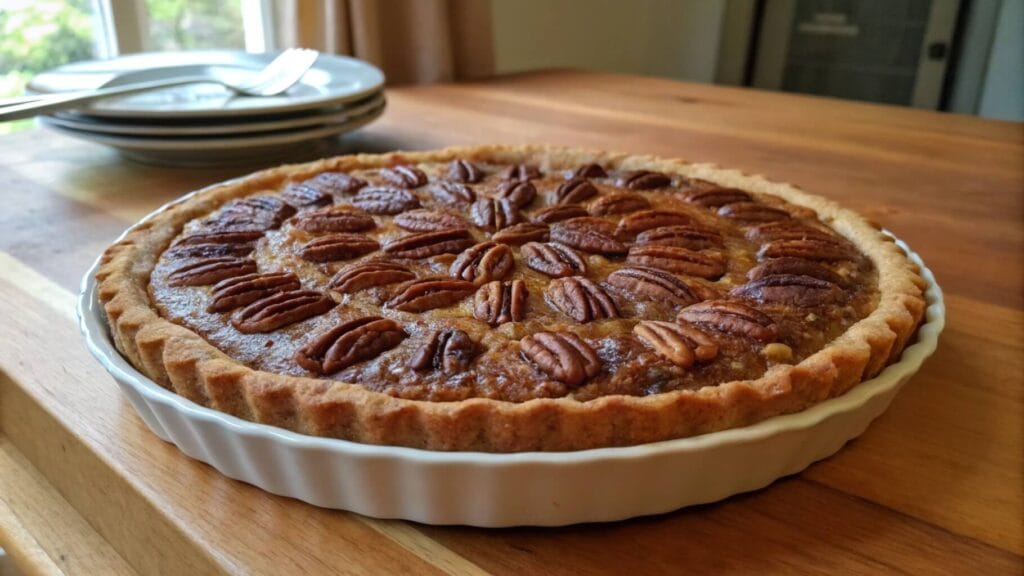 A freshly baked pecan pie with a golden crust, topped with whole pecan halves, sitting on a wooden table. A plate of candied pecans and utensils on a checkered napkin are visible in the background.