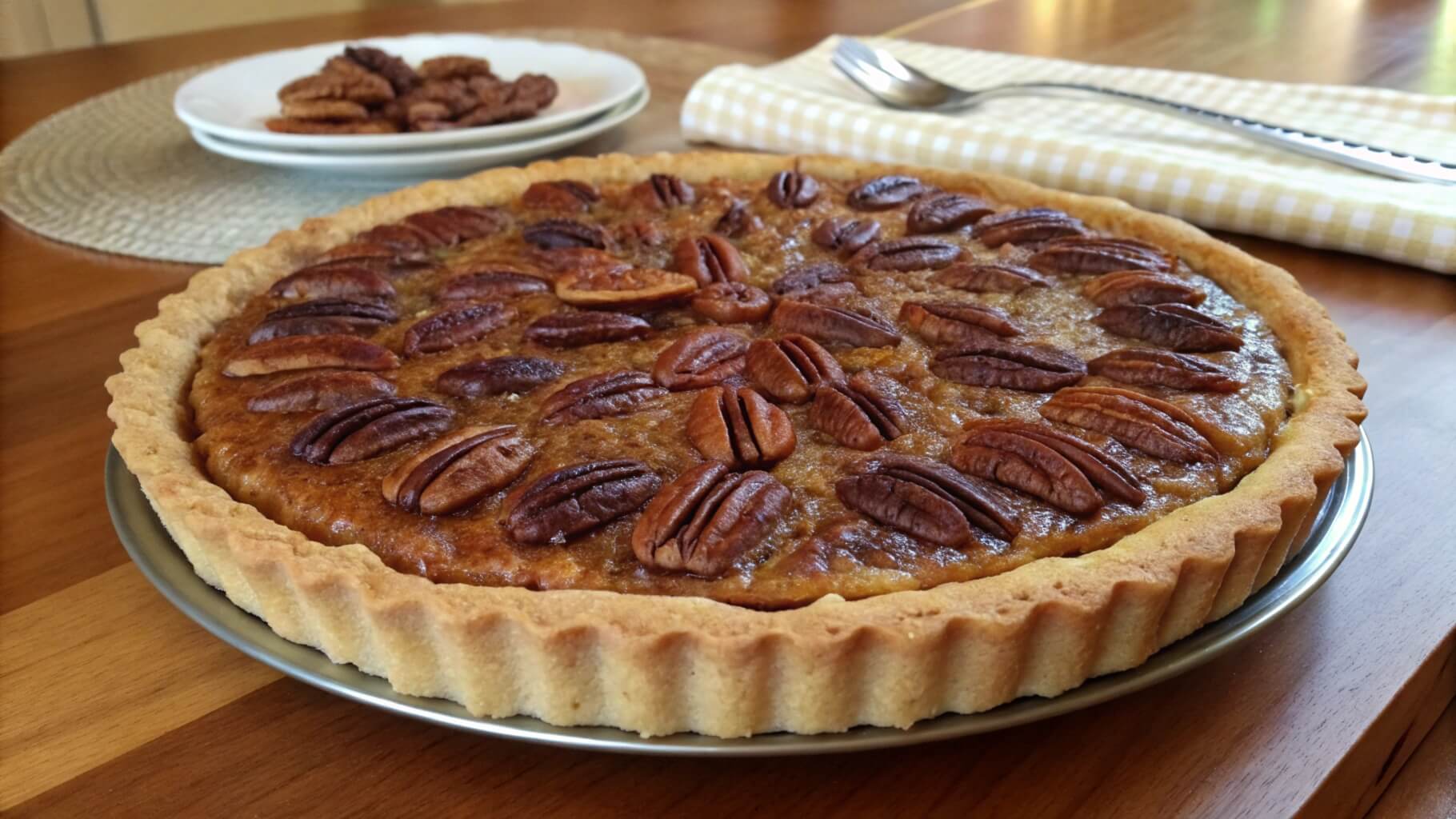 A freshly baked pecan pie with a golden crust, topped with whole pecan halves, sitting on a wooden table. A plate of candied pecans and utensils on a checkered napkin are visible in the background.