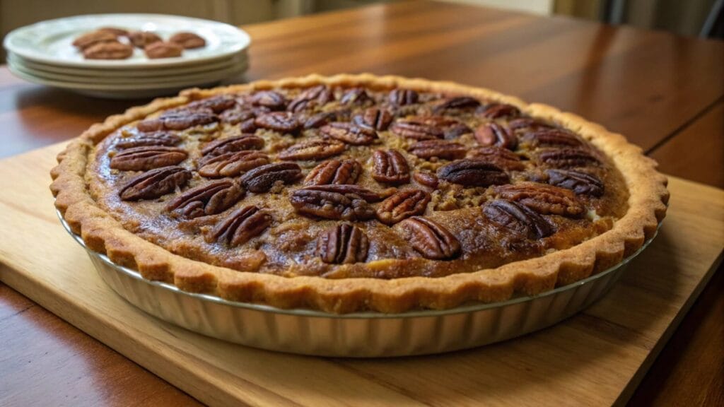 A freshly baked pecan pie with a golden crust, topped with whole pecan halves, sitting on a wooden table. A plate of candied pecans and utensils on a checkered napkin are visible in the background.