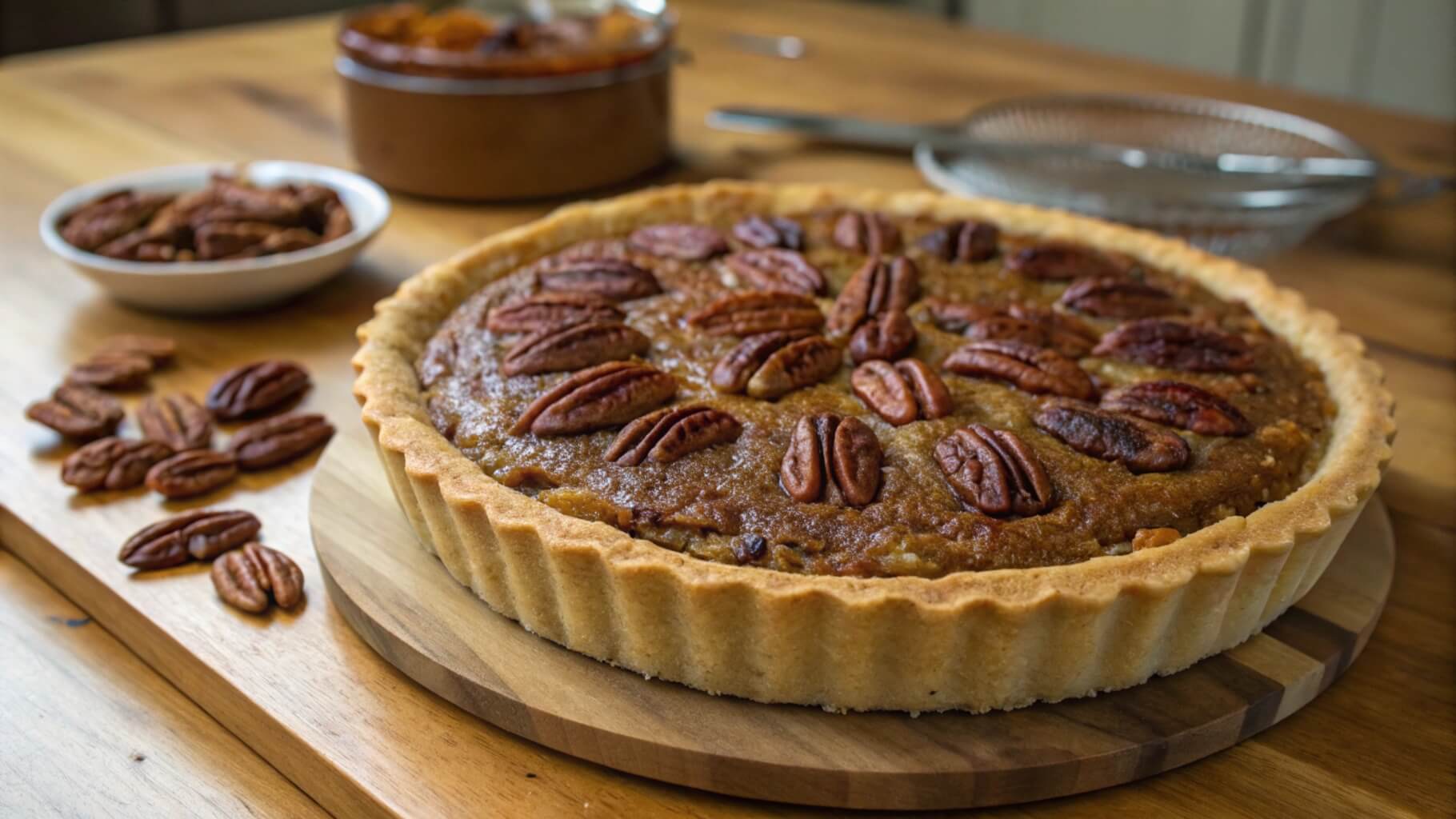 A freshly baked pecan pie with a golden crust, topped with whole pecan halves, sitting on a wooden table. A plate of candied pecans and utensils on a checkered napkin are visible in the background.