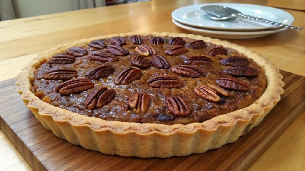 A freshly baked pecan pie with a golden crust, topped with whole pecan halves, sitting on a wooden table. A plate of candied pecans and utensils on a checkered napkin are visible in the background.