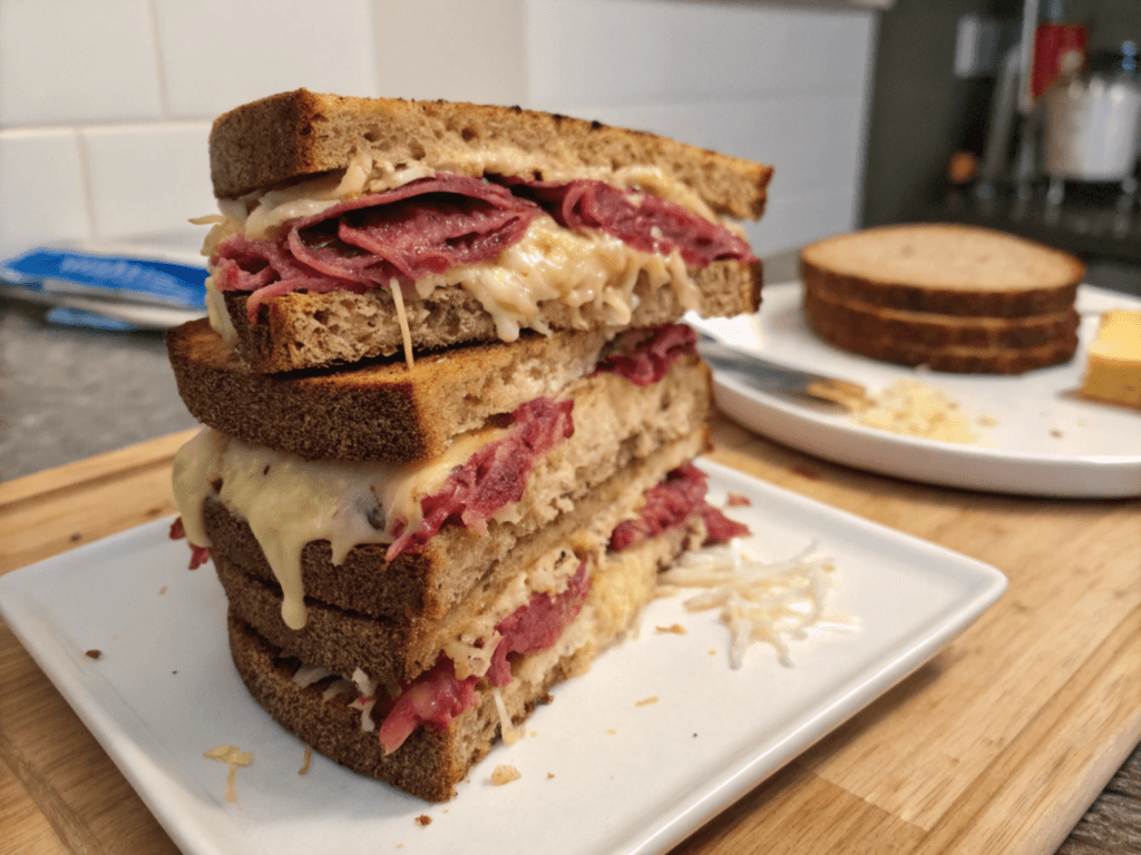 Is a Reuben sandwich made with pastrami? This towering sandwich features layers of corned beef, melted cheese, and sauerkraut on toasted rye bread in a kitchen setting.